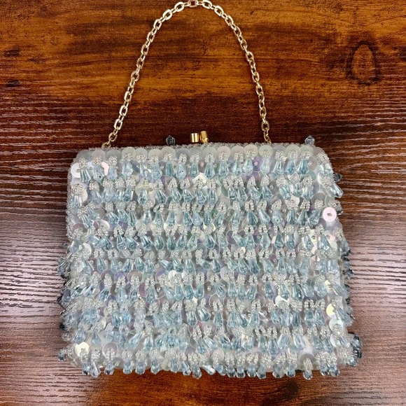 VTG 1960s Beaded Evening Bag Blue Iridescent Sequins Hong Kong Purse Bridal - Picture 5 of 8